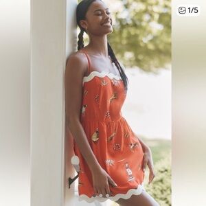 Anthropologie Celandine Linen-Blend Scalloped Orange Scalloped Mini Dress